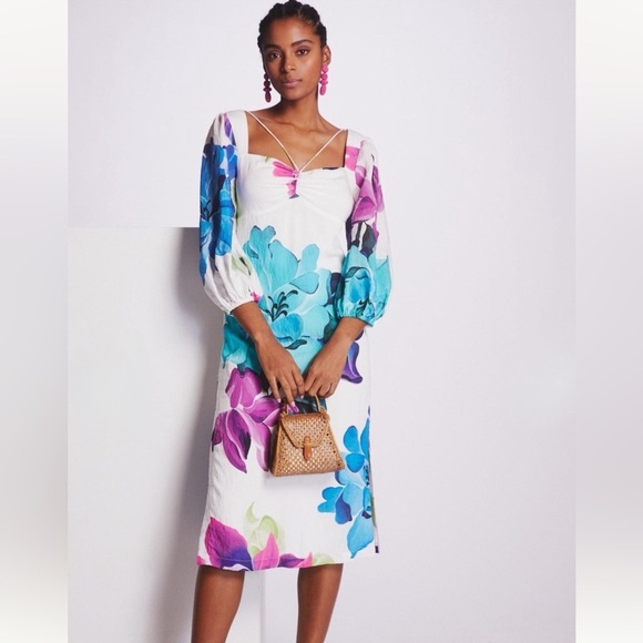 Anthropologie Maeve Floral Printed Midi Dress White Size 0 NEW - Picture 1 of 15